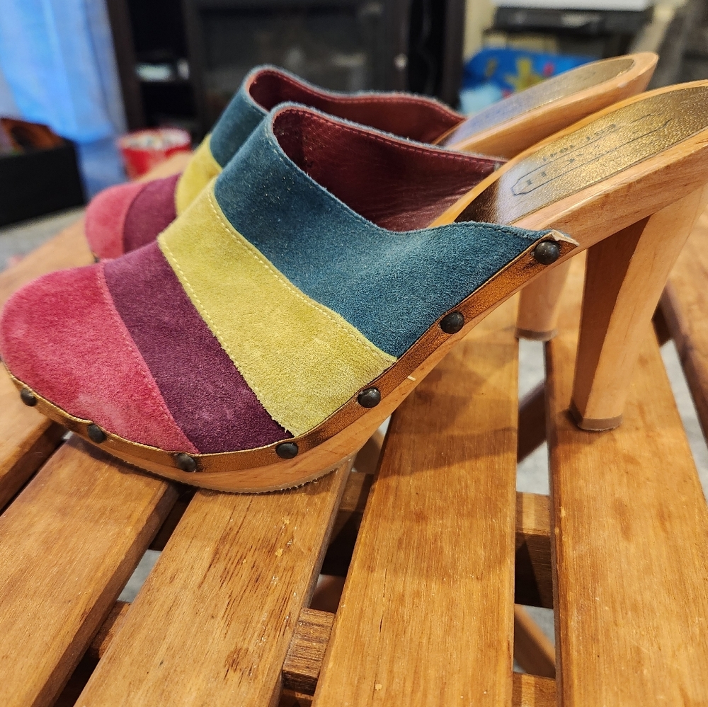 COACH multicolor suede clogs